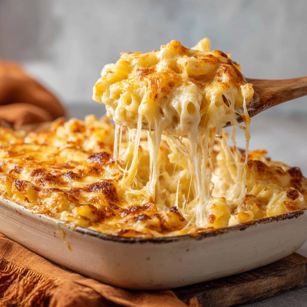 Creamy baked mac and cheese with a gooey cheese pull captured as it's scooped from the dish.