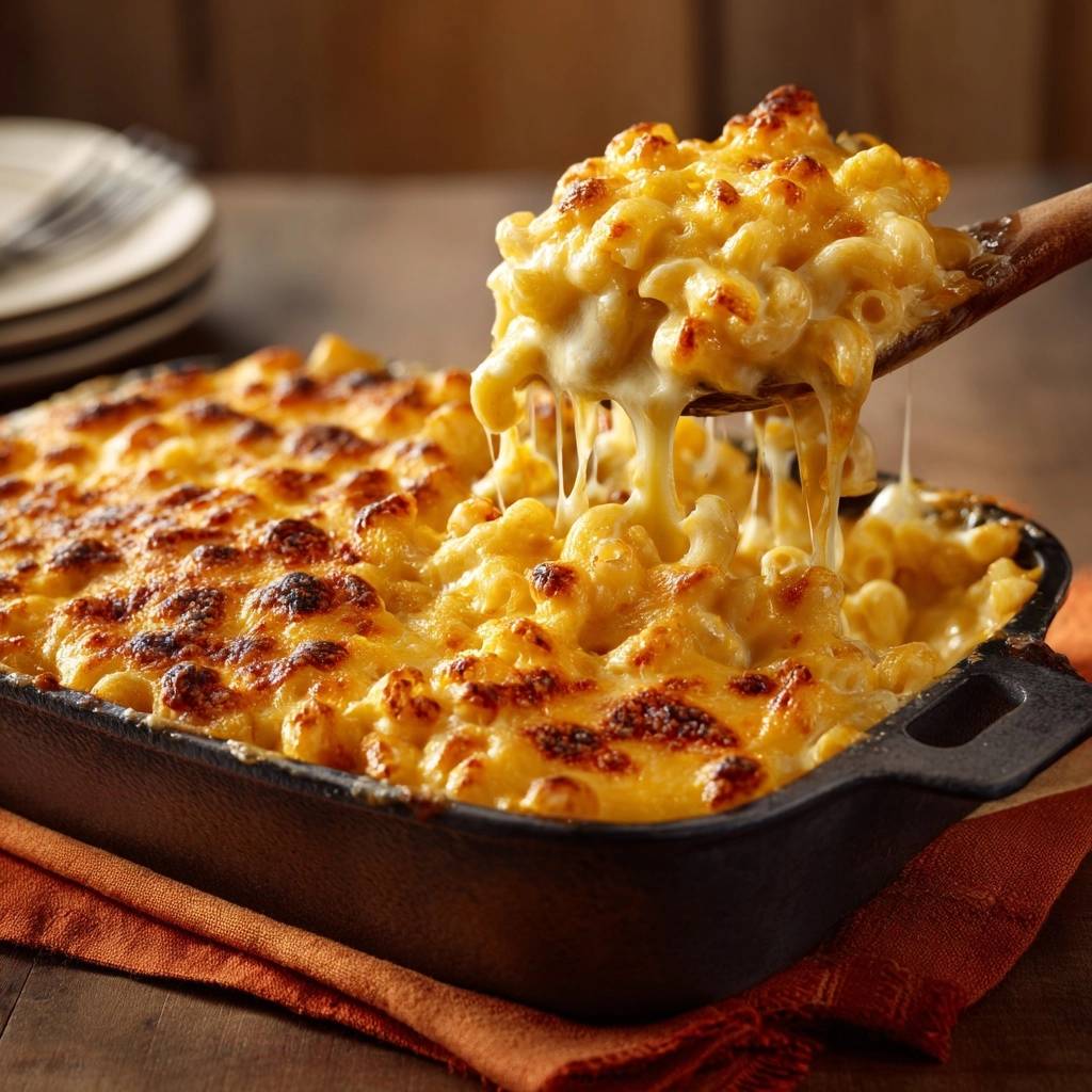 Creamy baked mac and cheese with a spoonful being lifted, showing gooey cheese strings.