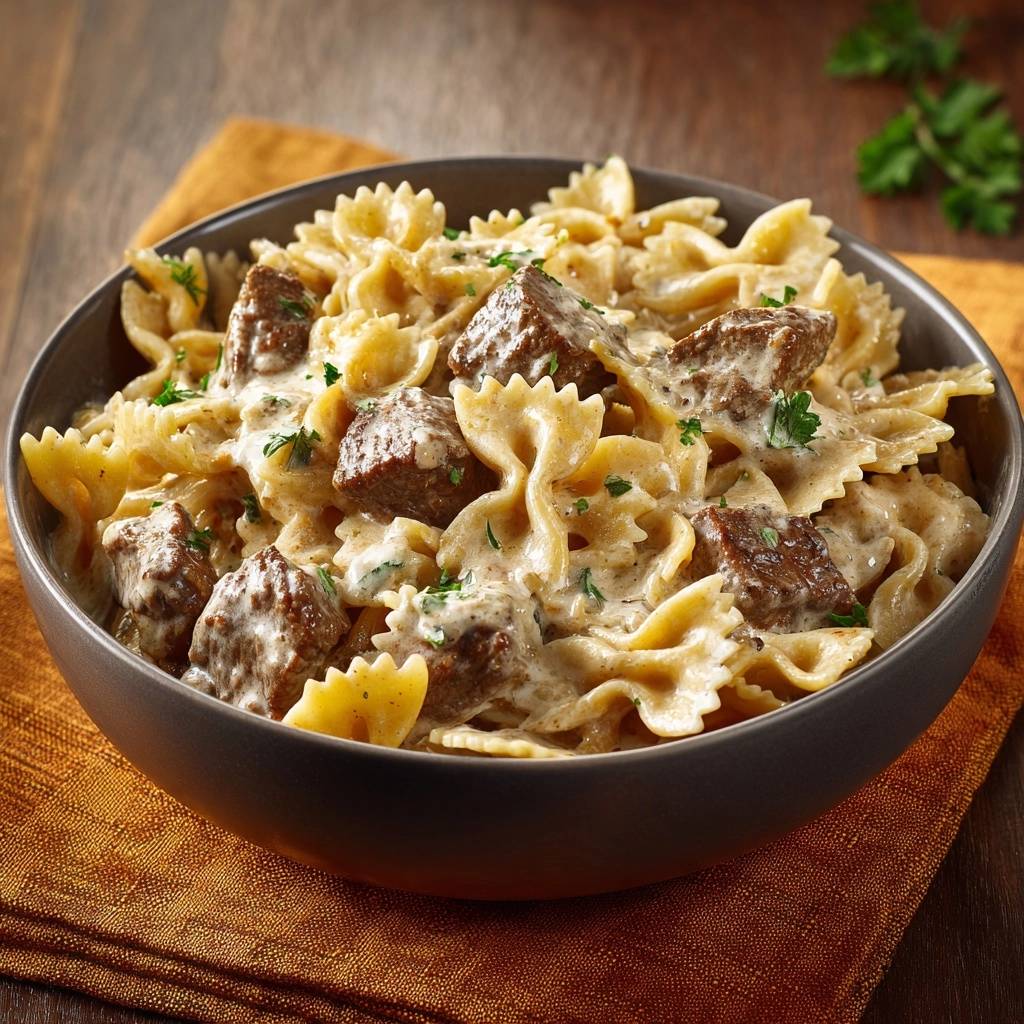 Creamy beef farfalle with juicy, tender beef served in a dark bowl, garnished with parsley.
