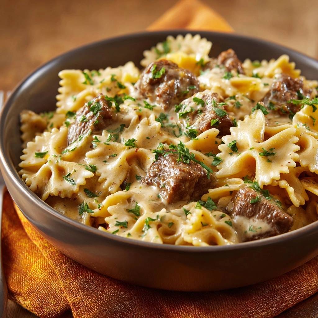 Creamy beef farfalle with juicy, tender beef served in a close-up view of a rustic bowl.