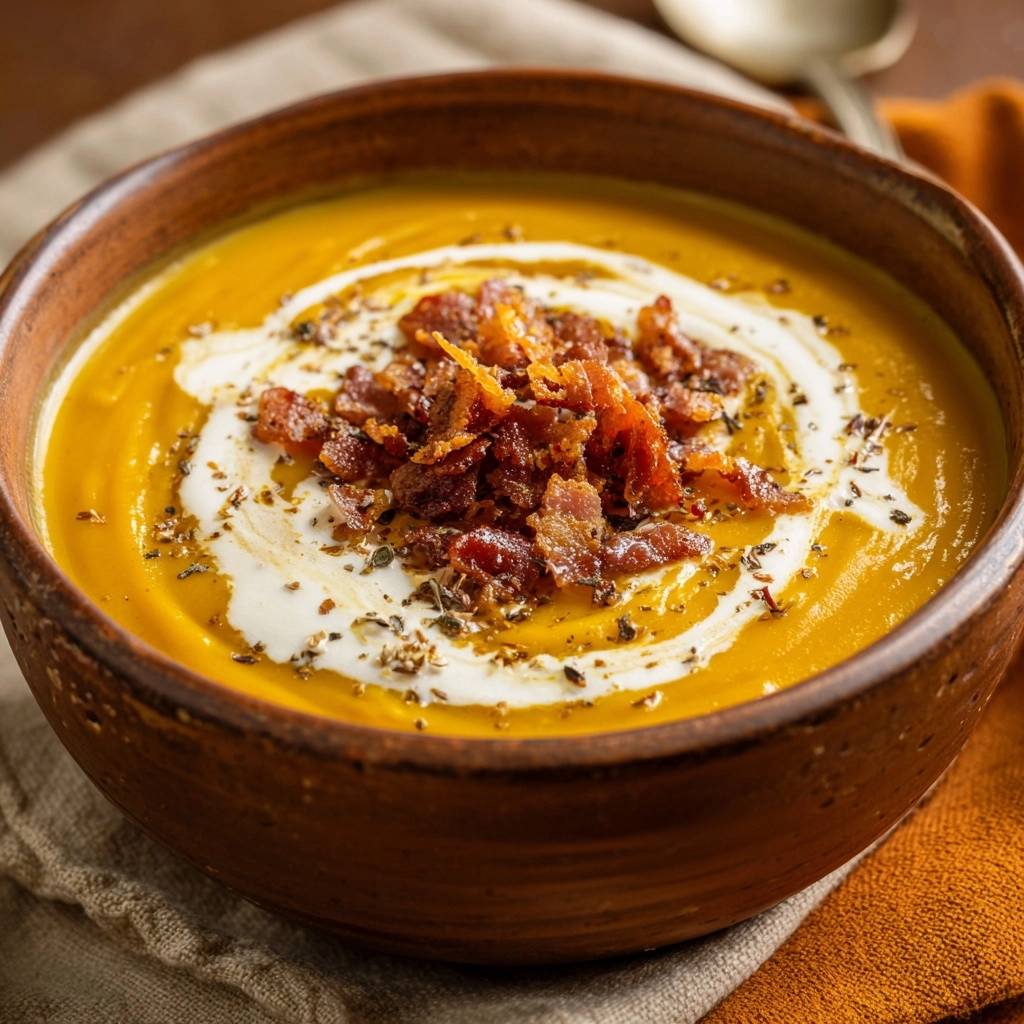 Creamy butternut squash bacon soup garnished with a swirl of cream and crispy bacon bits.