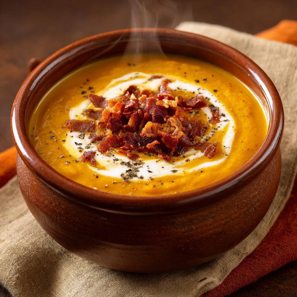 Creamy butternut squash bacon soup with a swirl of cream and crispy bacon garnish, steam rising from the warm bowl.