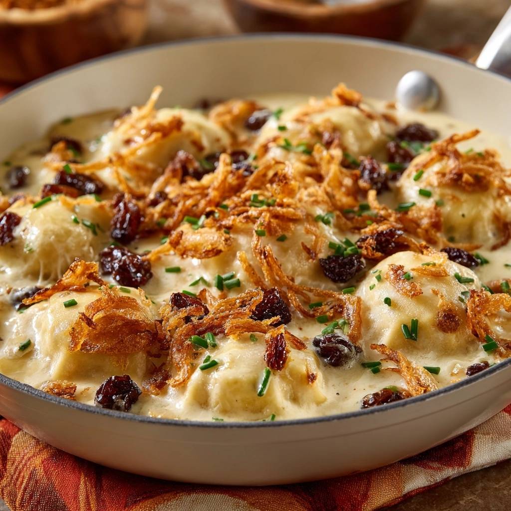 Creamy cheese pierogi with raisins and crispy onions served in a creamy sauce, shown in a close-up dish view.