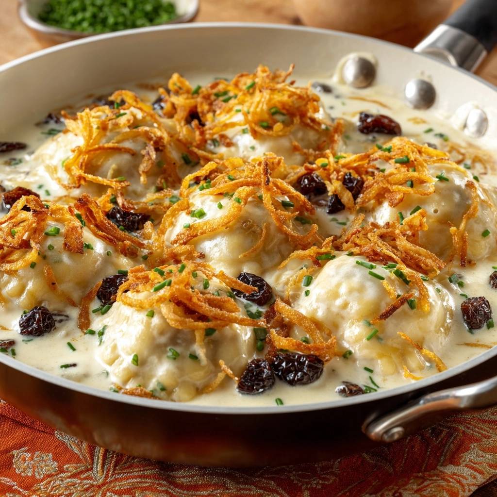 Creamy cheese pierogi with raisins and crispy onions served in a skillet, viewed from above.