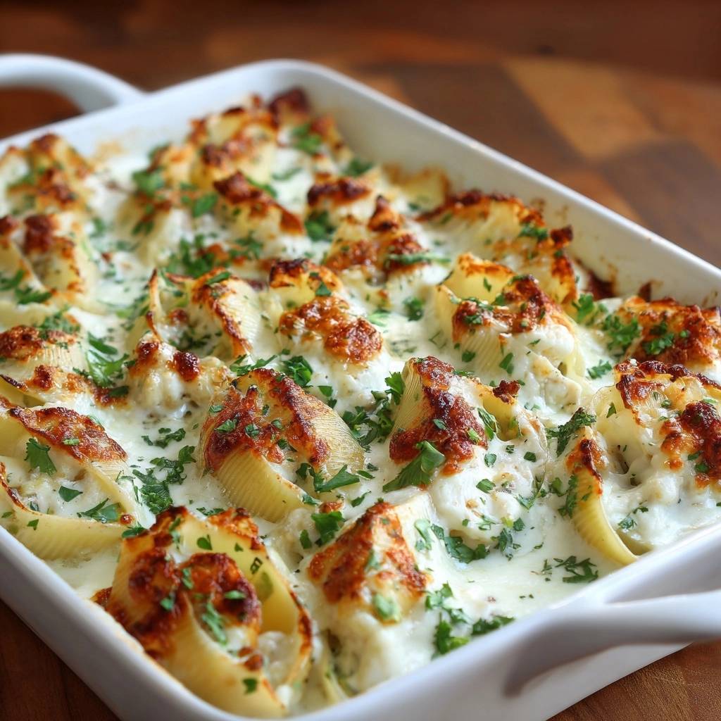 Creamy cheesy stuffed shells with firm texture, shown baked in a white dish and garnished with parsley.