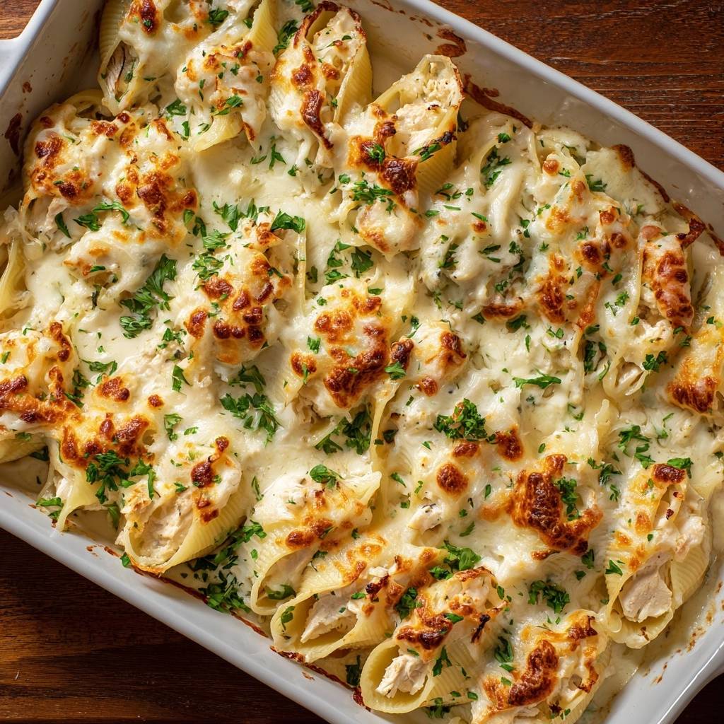 Creamy cheesy stuffed shells with firm texture baked in a white dish, garnished with parsley.
