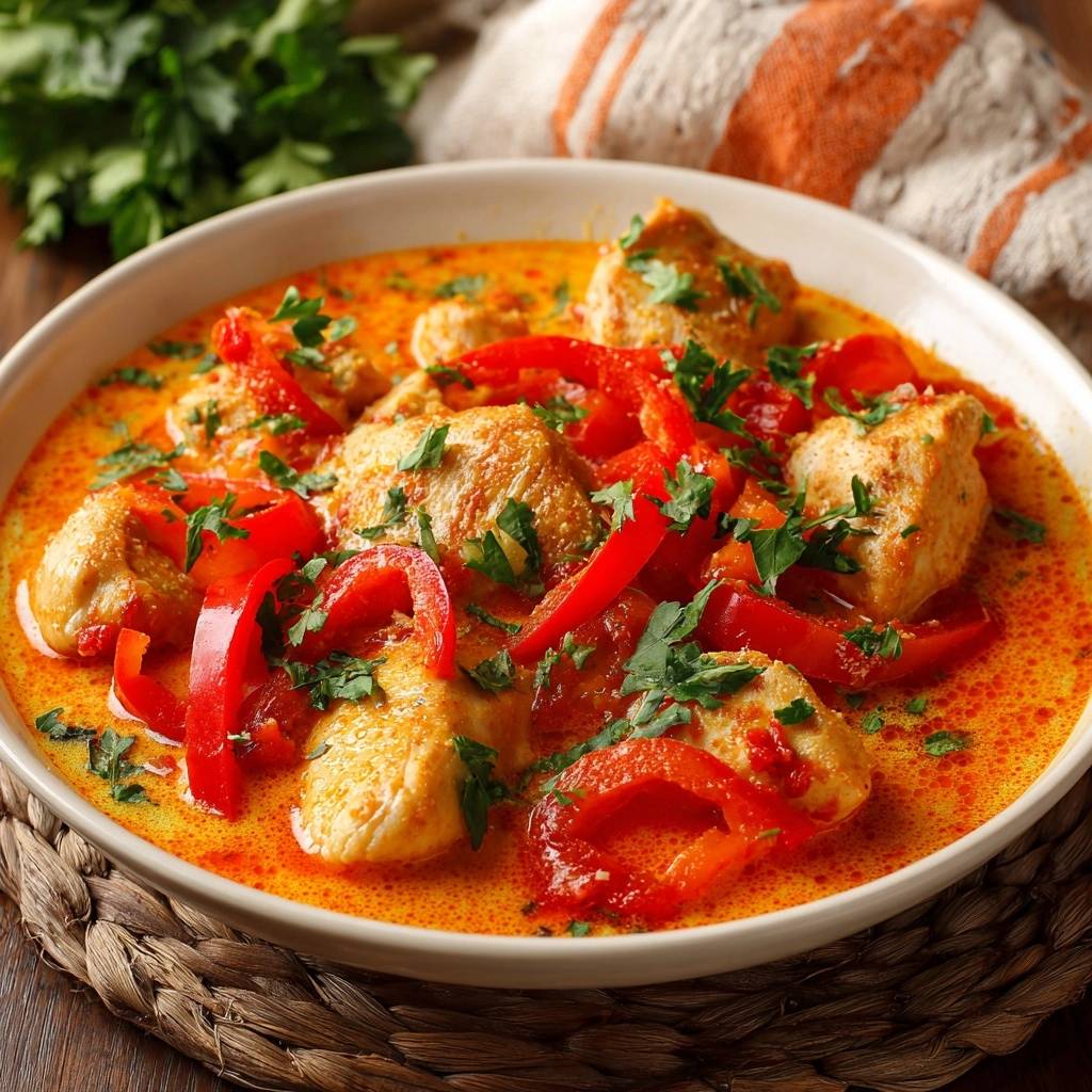 Creamy chicken bell pepper curry served in a bowl, showing tender chicken pieces and sliced red peppers with fresh parsley garnish.