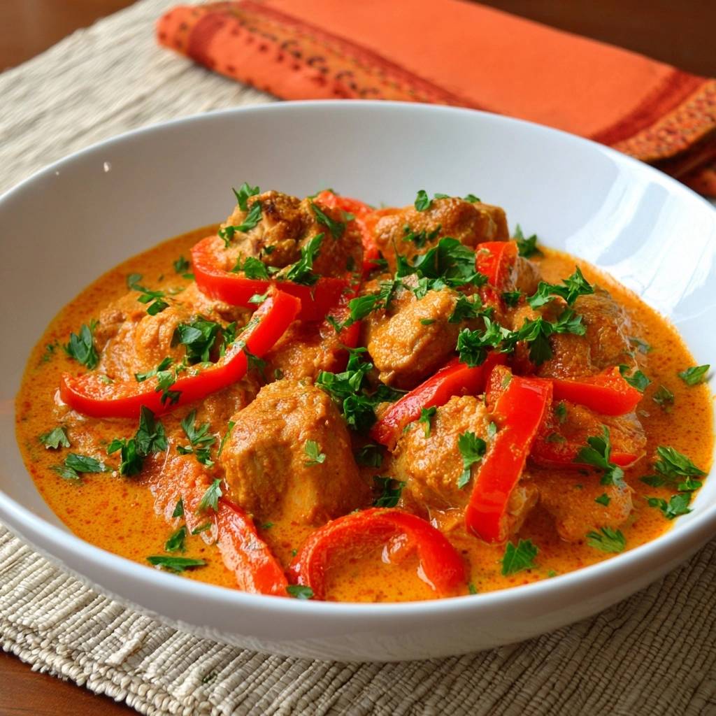 Creamy chicken bell pepper curry served in a white bowl, garnished with fresh parsley and sliced red bell peppers.