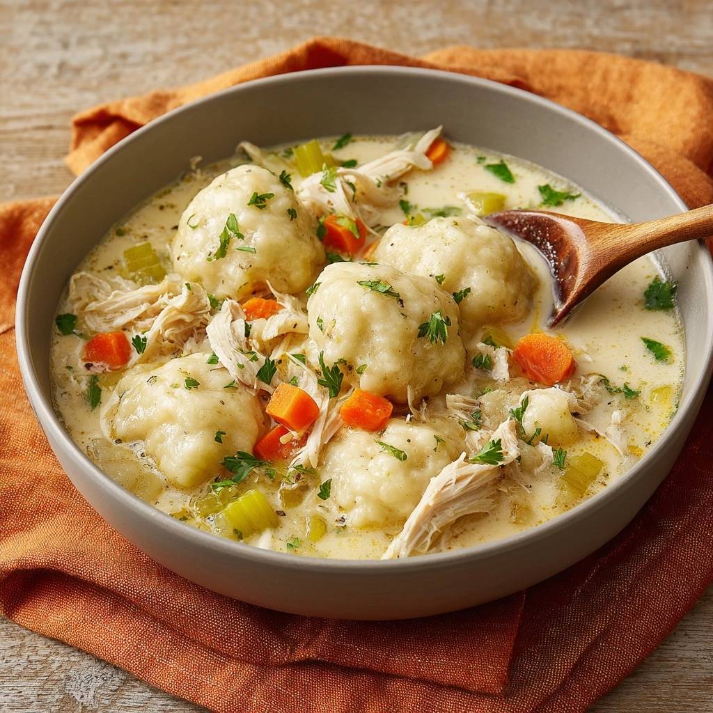 Creamy chicken and dumplings with fluffy no-gummy dumplings served in a close-up view of a grey bowl.