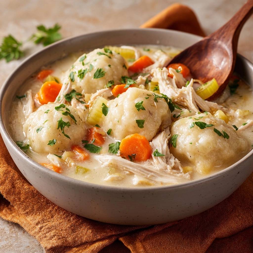 Creamy chicken and dumplings with fluffy no-gummy dumplings, shown in a close-up of a steaming bowl with a wooden spoon.