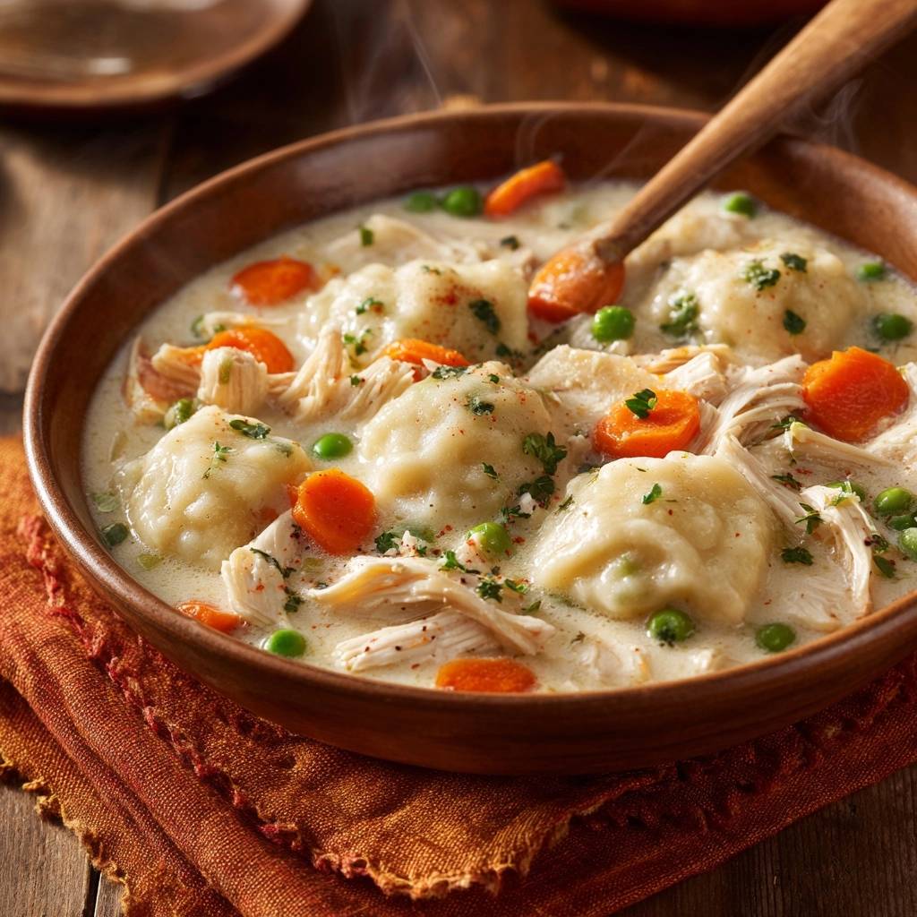 Creamy chicken and dumplings with fluffy dumplings and visible steam rising from the bowl.