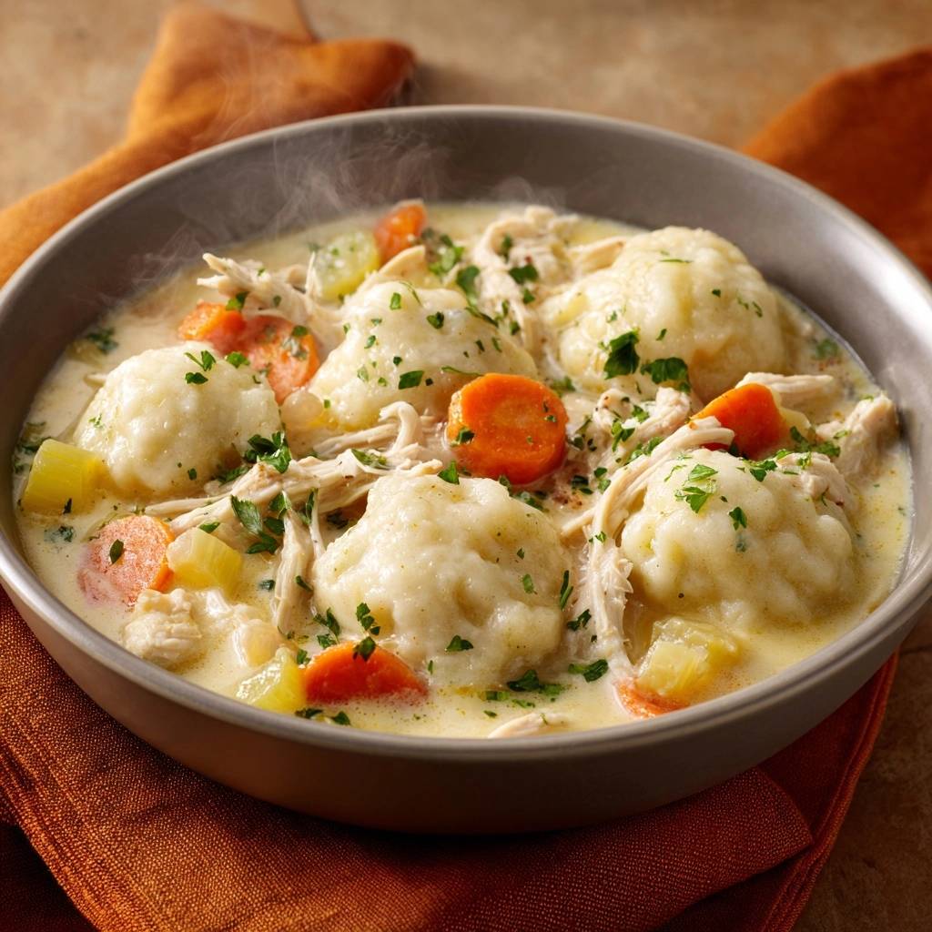Creamy chicken and dumplings with fluffy dumplings shown in a steaming bowl with carrots and celery.