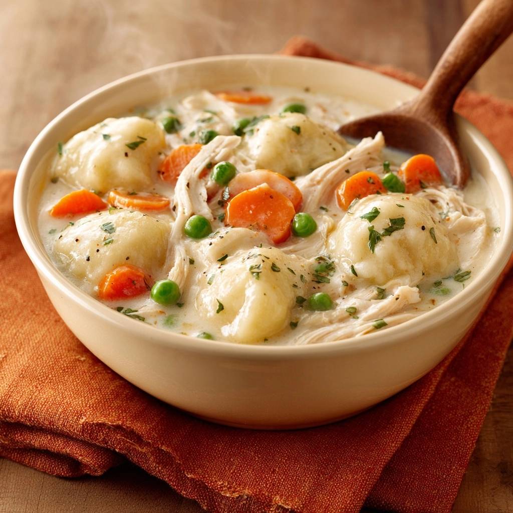 Creamy chicken and dumplings with fluffy dumplings and carrots in a steaming bowl.