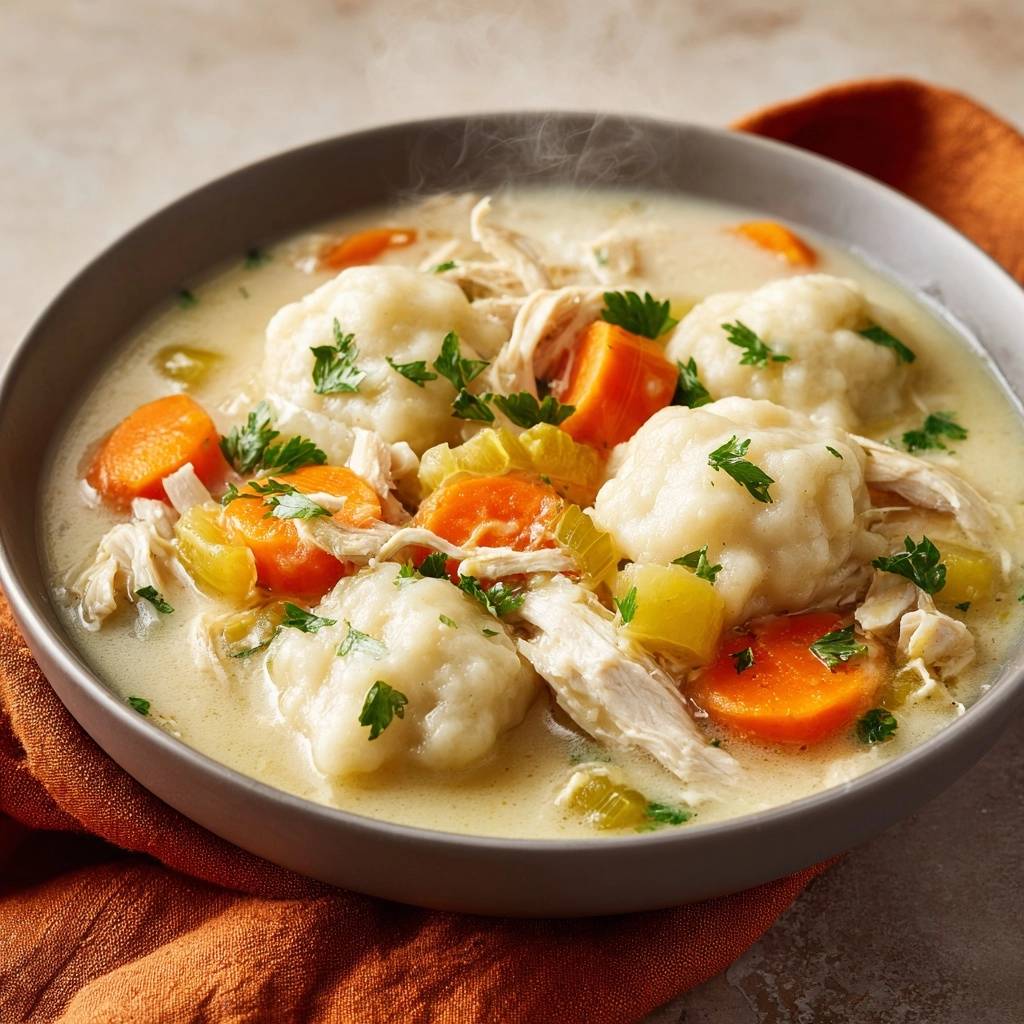 Creamy chicken and dumplings with fluffy dumplings served steaming in a rustic bowl, garnished with fresh parsley.