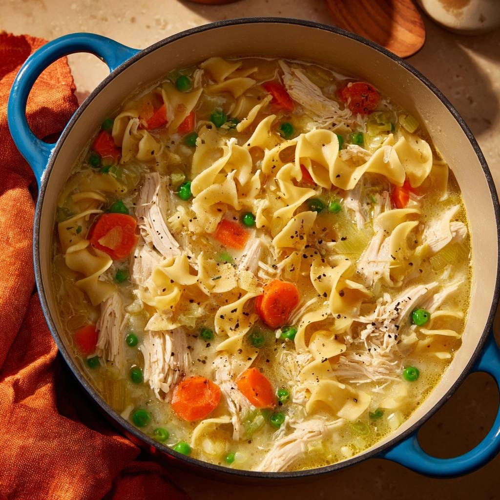 Creamy chicken noodle soup with firm al dente noodles served in a blue Dutch oven, overhead view.