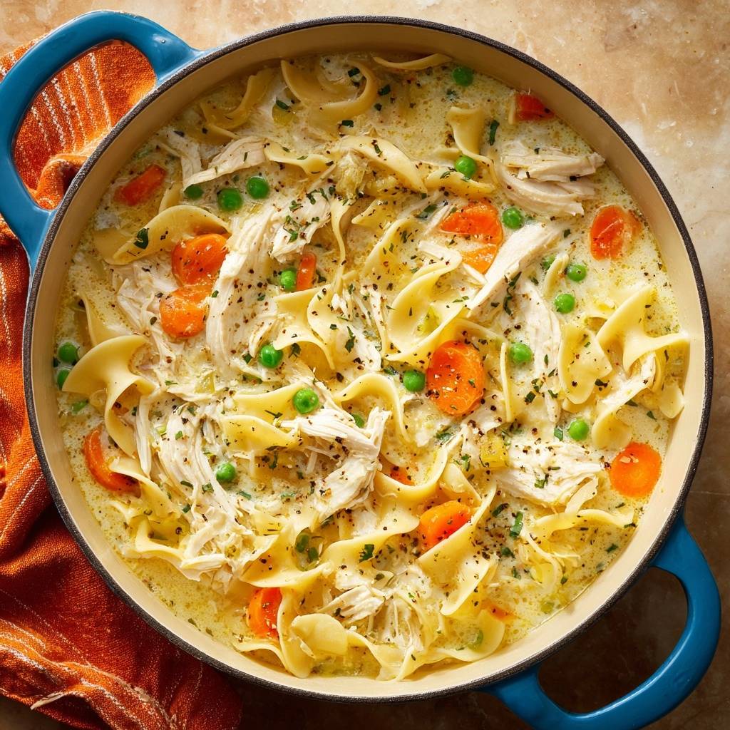 Creamy chicken noodle soup with firm al dente noodles shown overhead in a blue Dutch oven with a striped napkin.