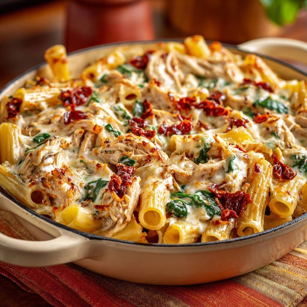 Skillet creamy chicken rigatoni with velvety sauce shown in a close-up view of the entire dish.