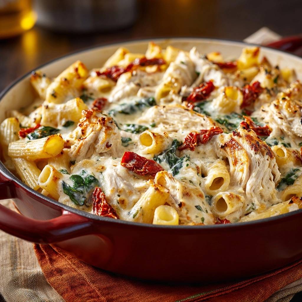 Skillet creamy chicken rigatoni with velvety sauce shown in a close-up view with sun-dried tomatoes and spinach.