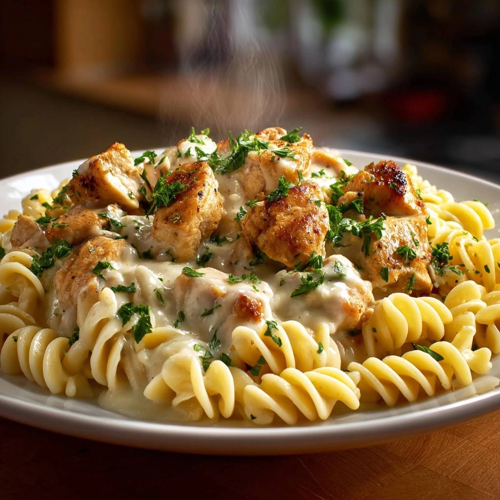 Creamy chicken rotini with juicy seared bites, showing steam rising from the hot pasta and chicken.
