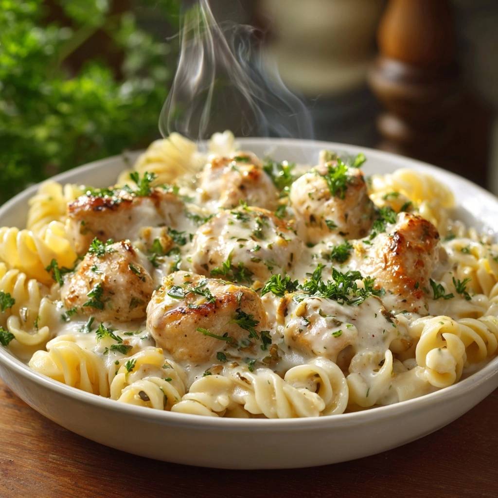 Creamy chicken rotini with juicy seared bites, served steaming hot in a white bowl with fresh parsley garnish.