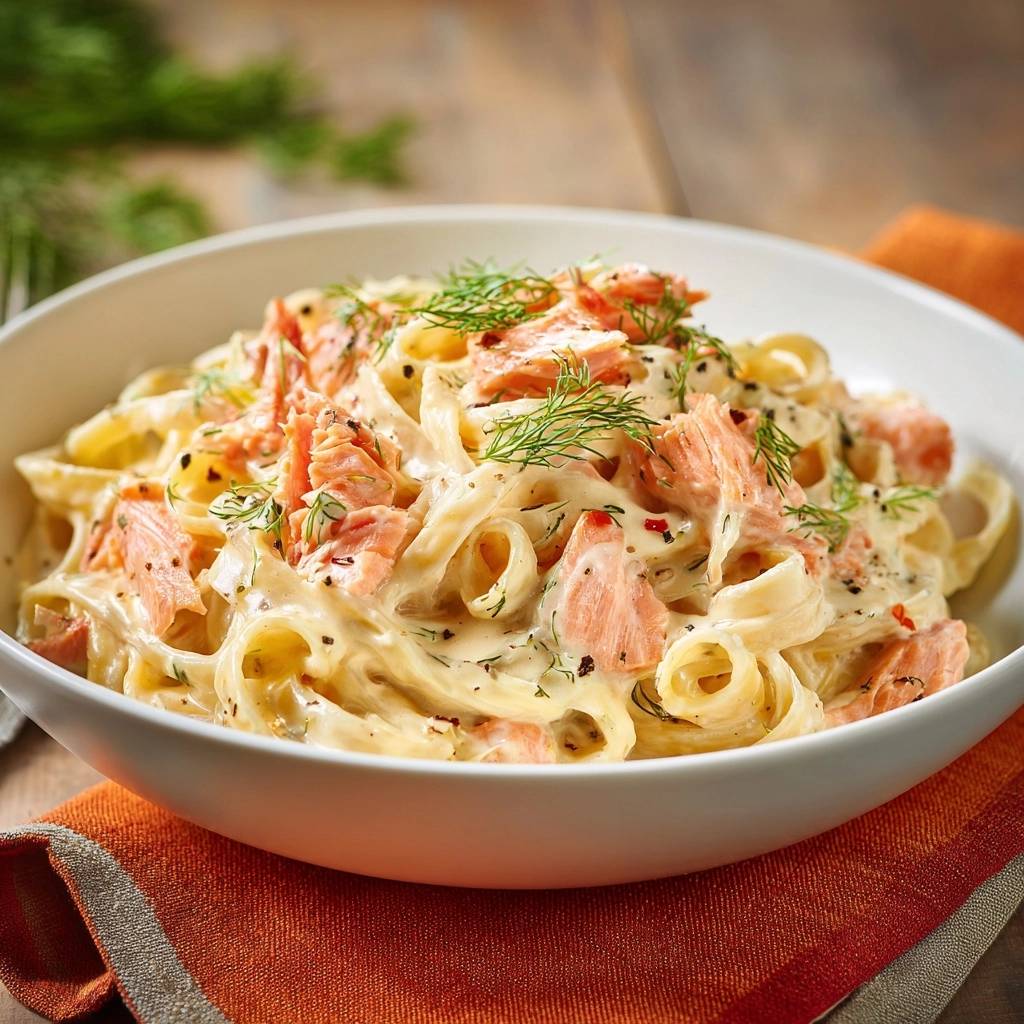 Creamy dill salmon fettuccine served in a white bowl, garnished with fresh dill and red pepper flakes.