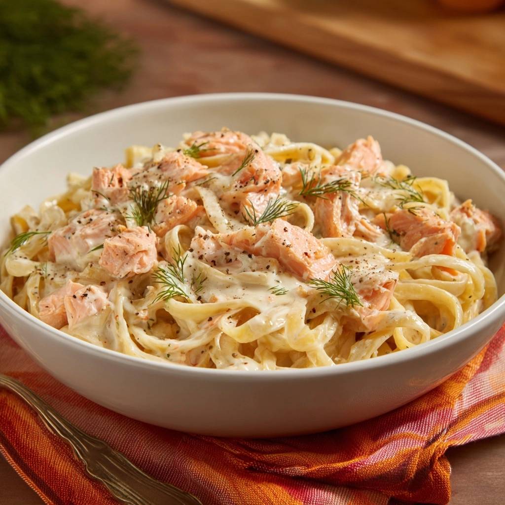 Creamy dill salmon fettuccine served in a white bowl, showcasing the rich sauce and tender salmon pieces.