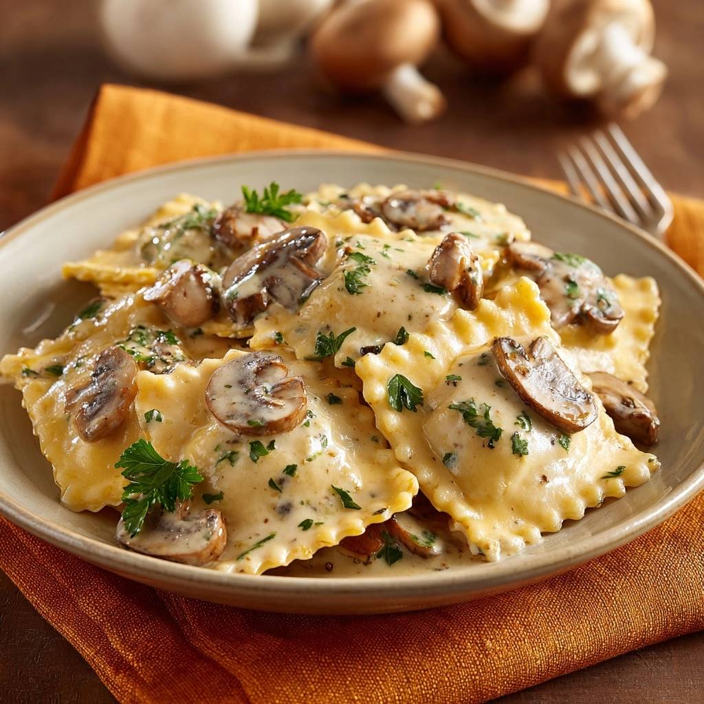 Creamy mushroom ravioli with thick, non-watery sauce served in a close-up on a plate with fresh parsley garnish.