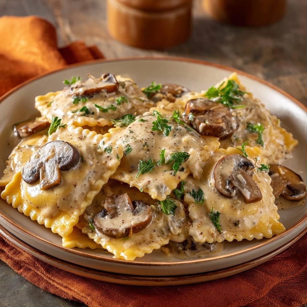 Creamy mushroom ravioli with thick sauce, garnished with fresh parsley and sliced mushrooms, served on a plate.
