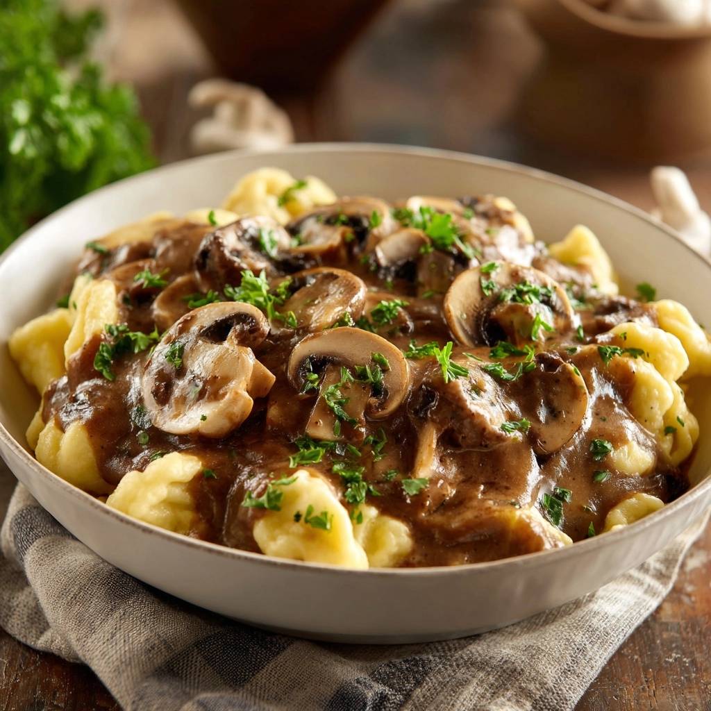 Creamy mushroom spaetzle with never-watery sauce served in a white bowl, garnished with fresh parsley.