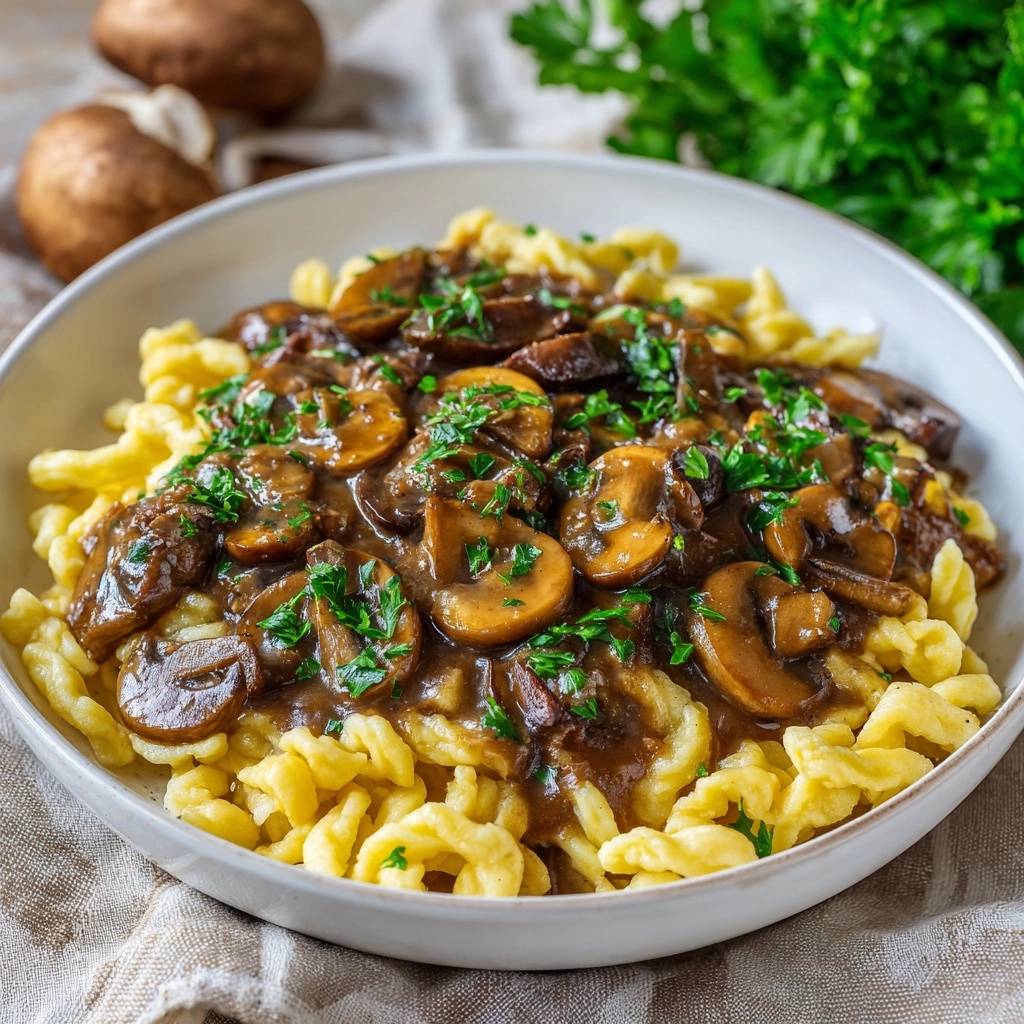 Creamy mushroom spaetzle with never-watery sauce served in a white bowl, garnished with fresh parsley.