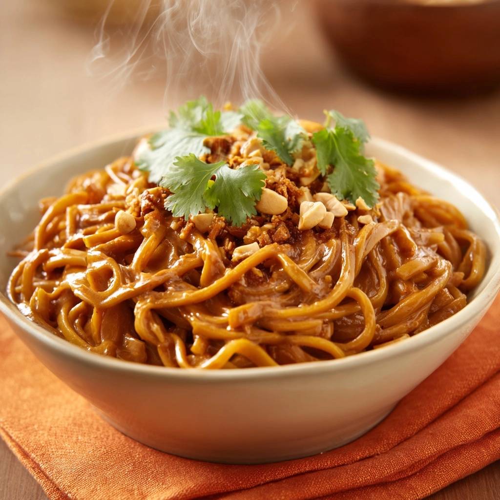 Creamy peanut noodles with clingy sauce served steaming in a bowl and garnished with cilantro and peanuts.