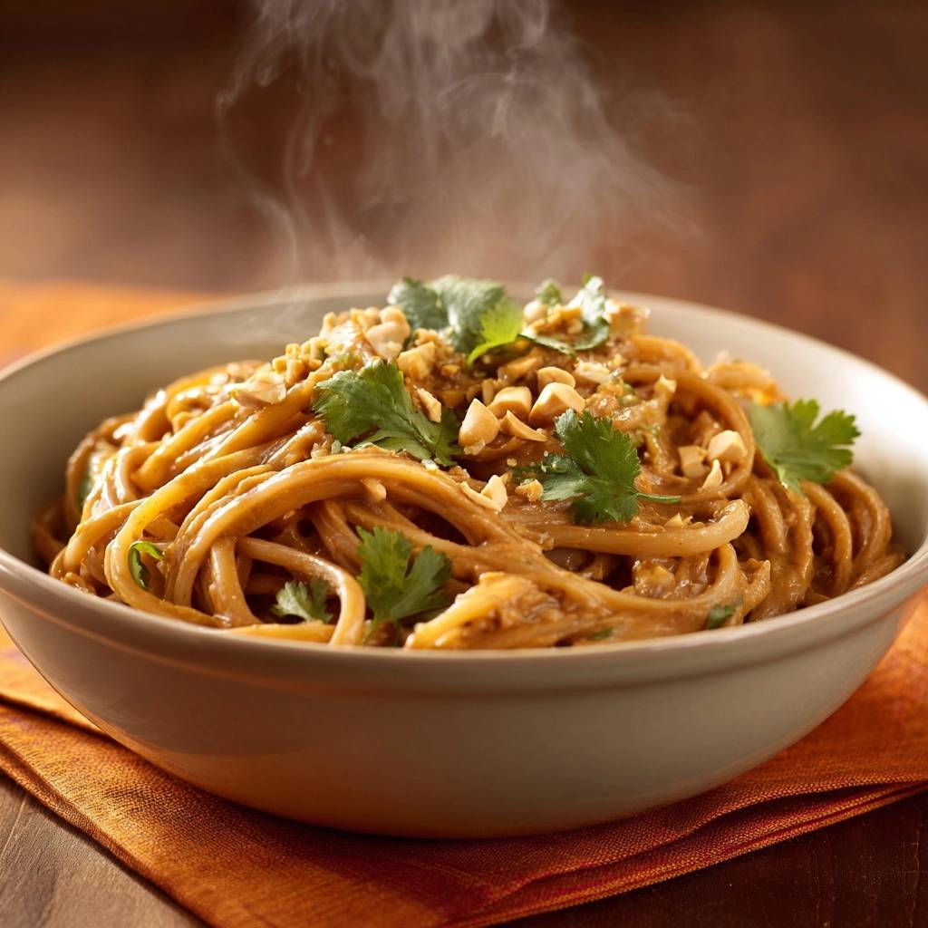 Creamy peanut noodles with clingy sauce, steaming and garnished with chopped peanuts and cilantro in a bowl.