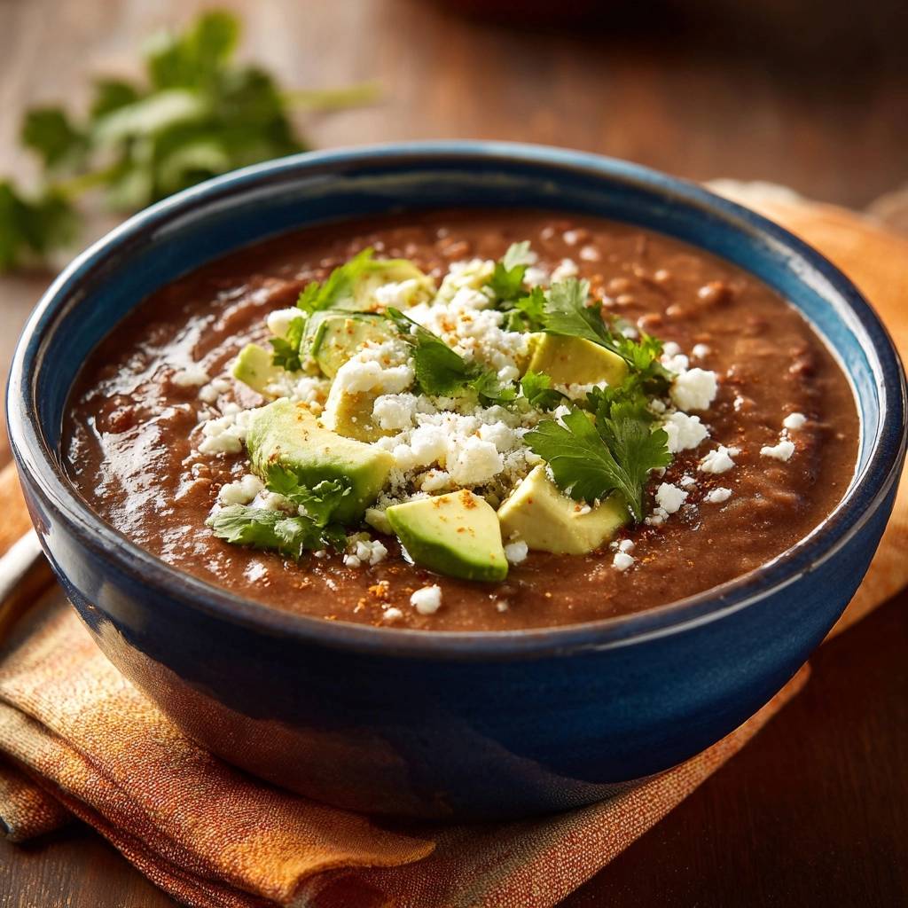 Creamy pinto bean soup garnished with fresh avocado, cilantro, and crumbled queso fresco in a blue bowl.