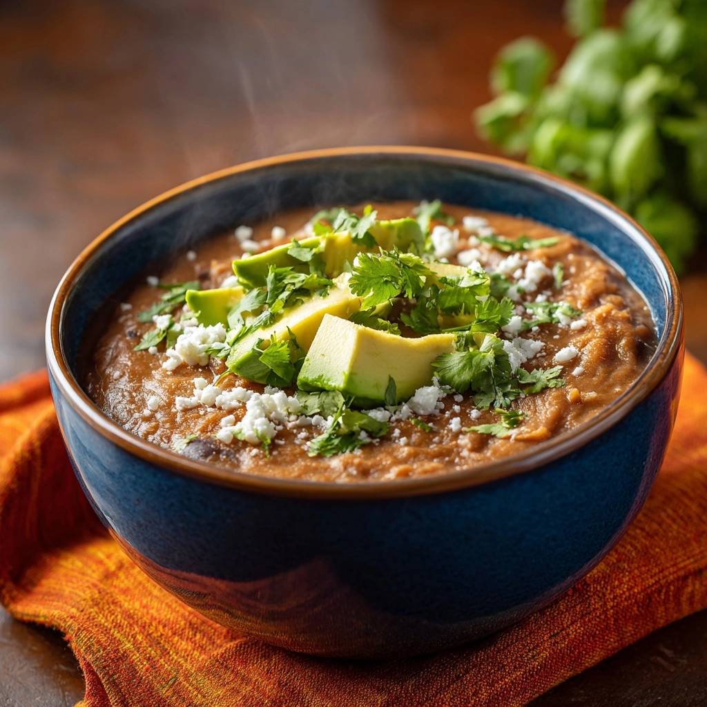 Creamy pinto bean soup shown steaming in a blue bowl, generously garnished with avocado, cilantro, and crumbled cheese.