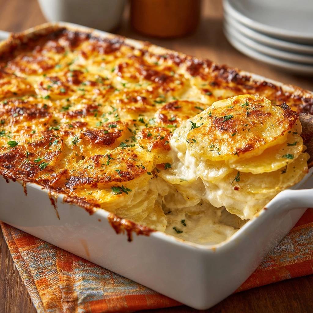 Creamy potatoes au gratin with velvety layers, shown in a close-up cross-section revealing the stacked potato slices and creamy sauce.