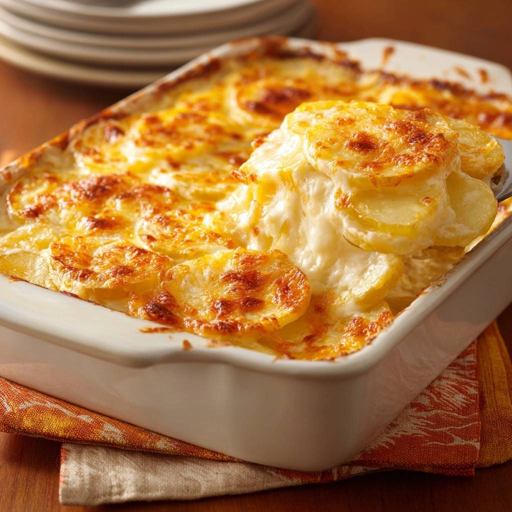 Creamy potatoes au gratin with velvety layers being served, showing the rich, cheesy interior.
