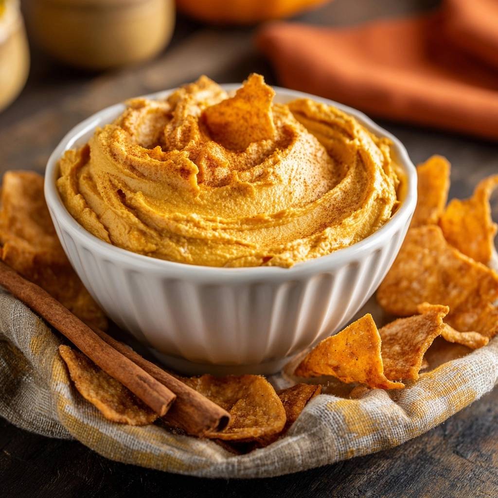Creamy pumpkin pie dip that stays thick, served in a white bowl with cinnamon sticks and tortilla chips.