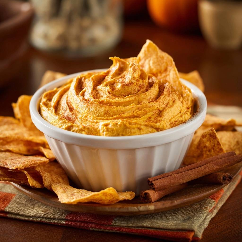 Creamy pumpkin pie dip that stays thick, in a white bowl with a cinnamon swirl and cinnamon sticks.
