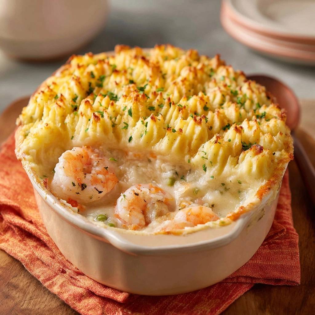 Creamy shrimp shepherd's pie with crispy peaks, showing a close-up view of the mashed potato topping and shrimp filling.
