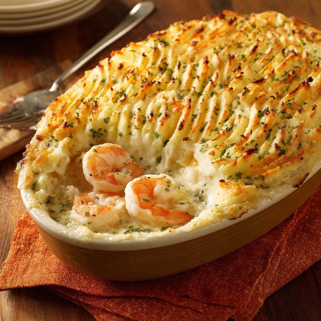 Creamy shrimp shepherd's pie with crispy peaks shows a close-up of golden-brown peaks and visible shrimp within the creamy filling.