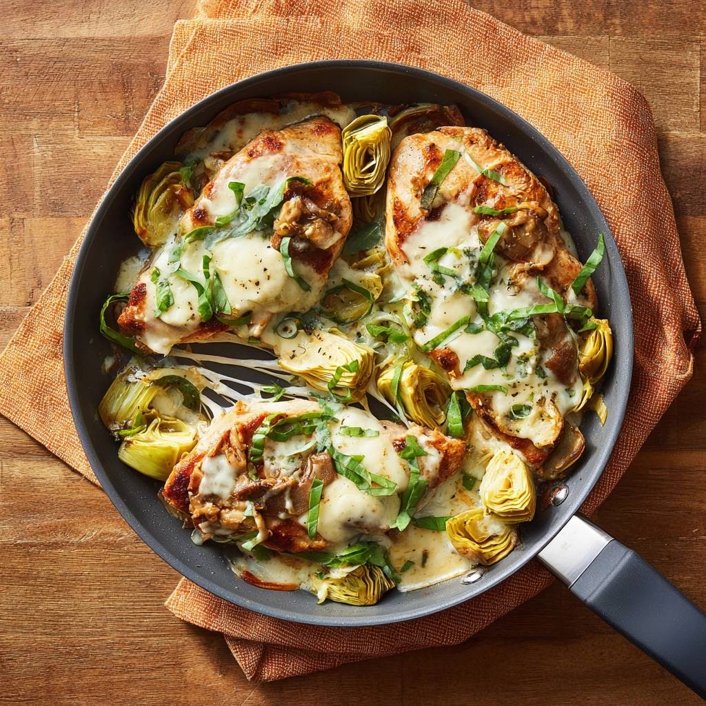 Creamy skillet chicken with artichokes and mushrooms shown in an overhead view, with melted cheese and fresh basil garnish.