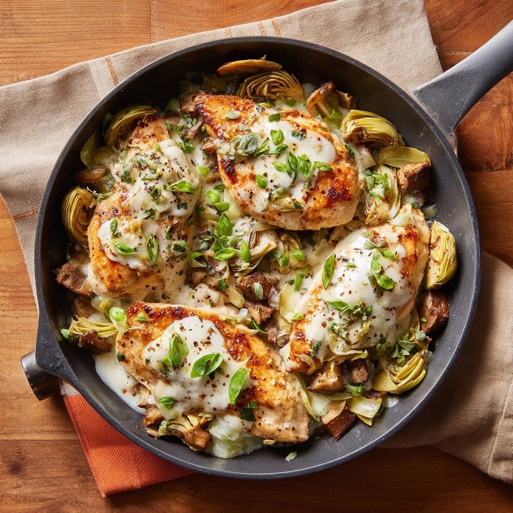 Creamy skillet chicken with artichokes and mushrooms is shown in an overhead view in a black skillet, garnished with fresh herbs.