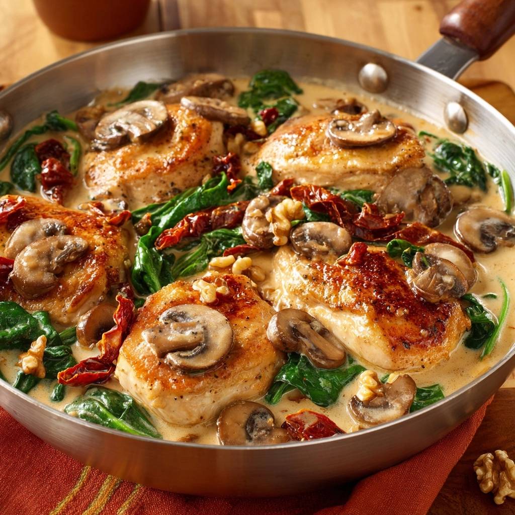 Creamy spinach mushroom chicken skillet shown in a close-up view within the cooking pan with chicken, mushrooms, and spinach.