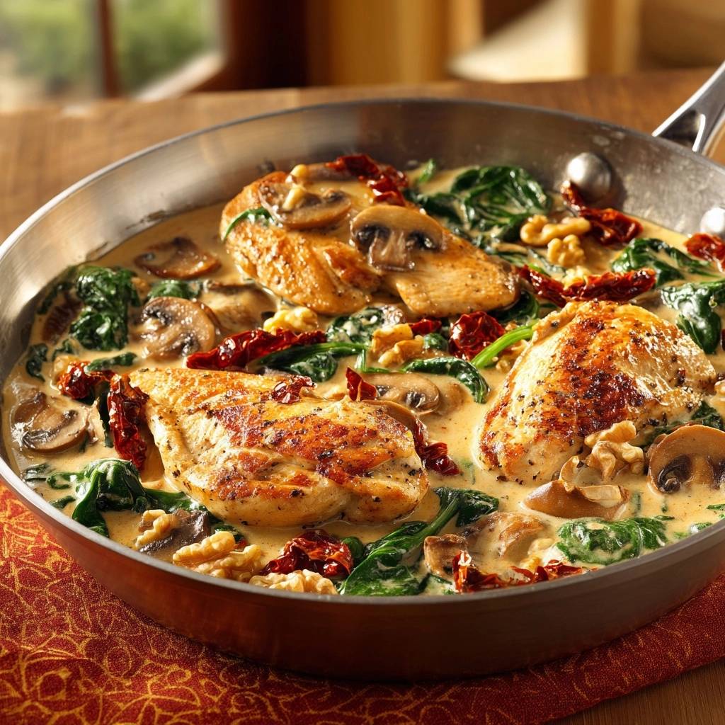 Creamy spinach mushroom chicken skillet cooked in a pan with sun-dried tomatoes and walnuts.