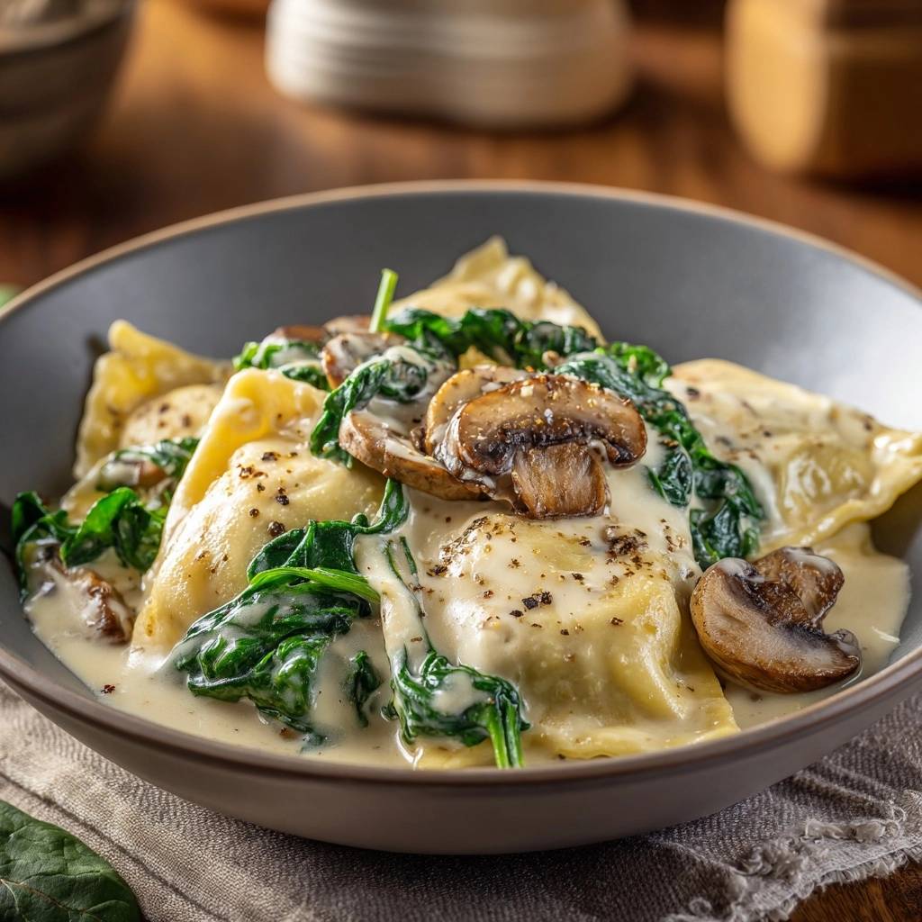 Creamy spinach mushroom ravioli with silky sauce served in a bowl, showcasing a close-up view of the pasta and toppings.