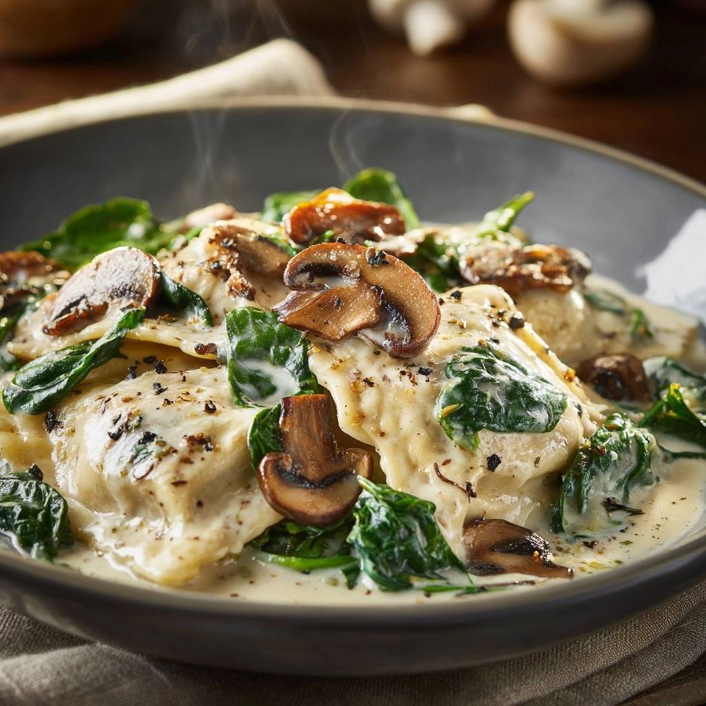Creamy spinach mushroom ravioli with silky sauce shown in a close-up view with steam rising from the dish.