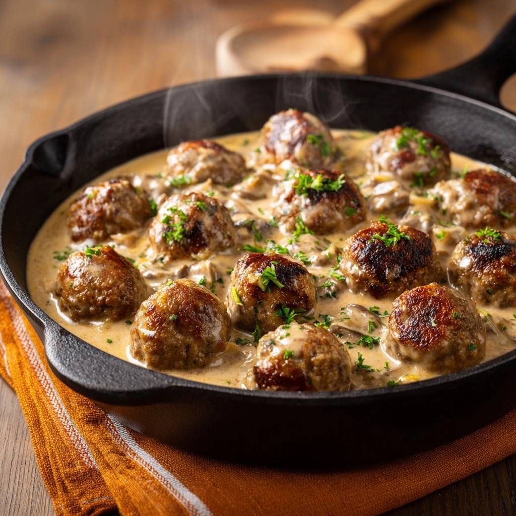 Creamy Swedish meatballs with juicy panade secret steaming in a cast iron skillet, garnished with parsley.