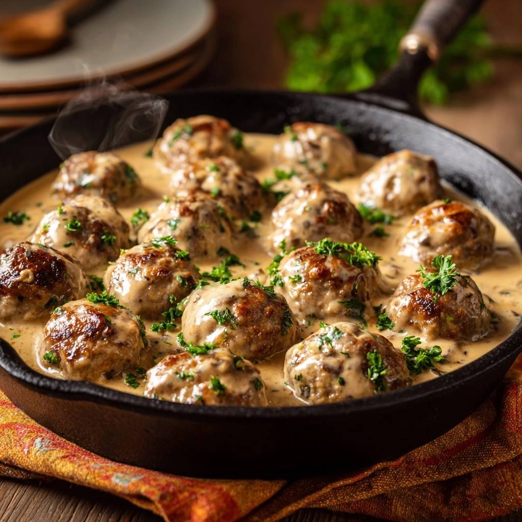 Creamy Swedish meatballs with a juicy panade secret, steaming in a cast-iron skillet and garnished with fresh parsley.