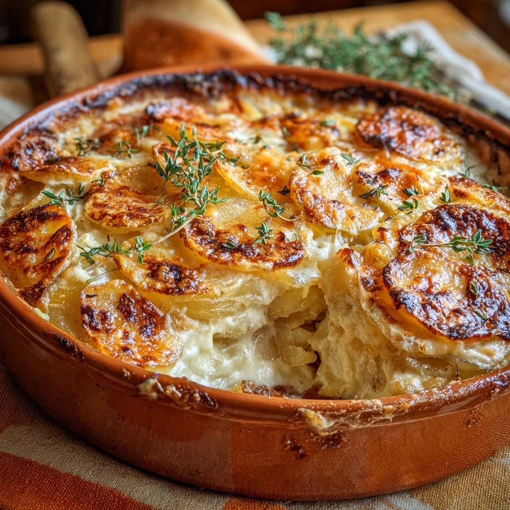 Creamy thyme potatoes au gratin shown in a close-up cross-section revealing layers of tender potatoes and rich sauce.