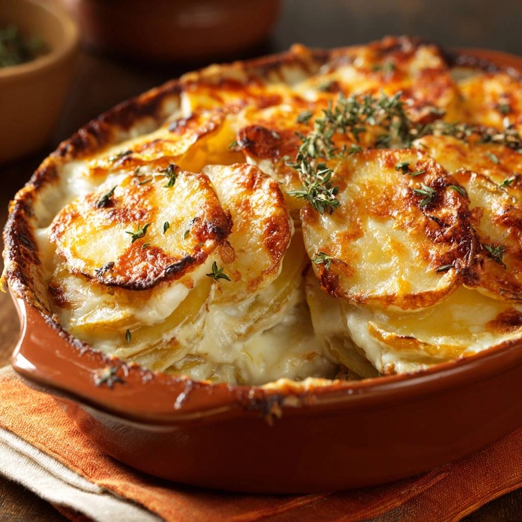Creamy thyme potatoes au gratin featuring a close-up view of the golden-brown top layer with fresh thyme garnish.